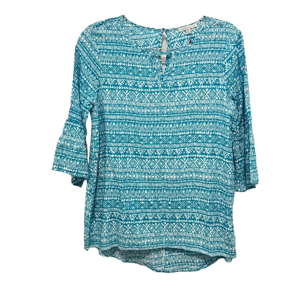 NWT Karissa & Me Blouse Women Size M Teal White 3/4 Sleeve Beachy Striped Print